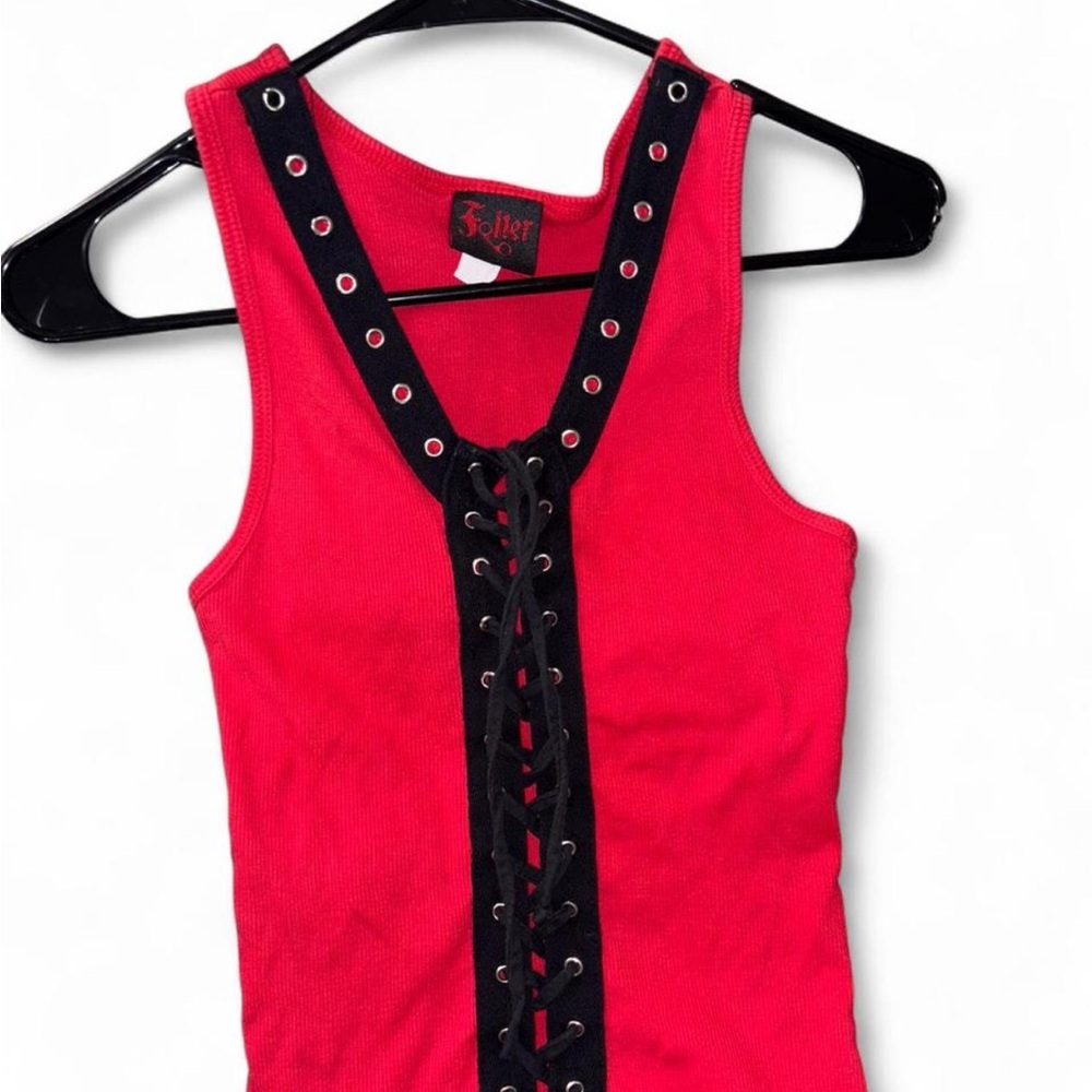 Red and Black Cut-Out Embellished Tank Top